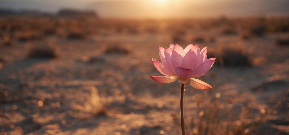 Flor de loto abierta en el desierto al atardecer