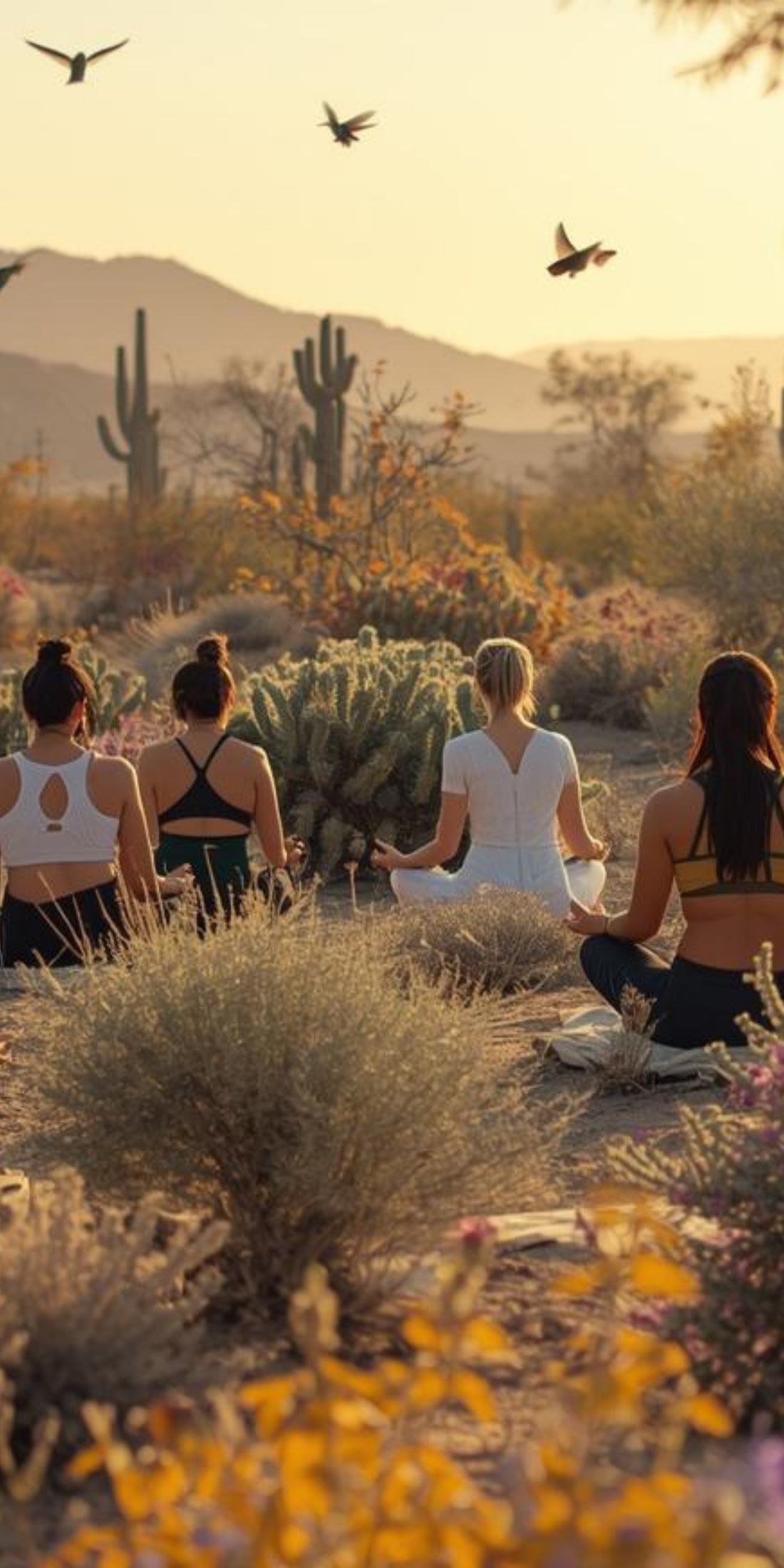 Grupo meditando entre flores del desierto al amanecer
