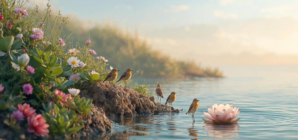 Aves y flor de loto en la orilla de un oasis
